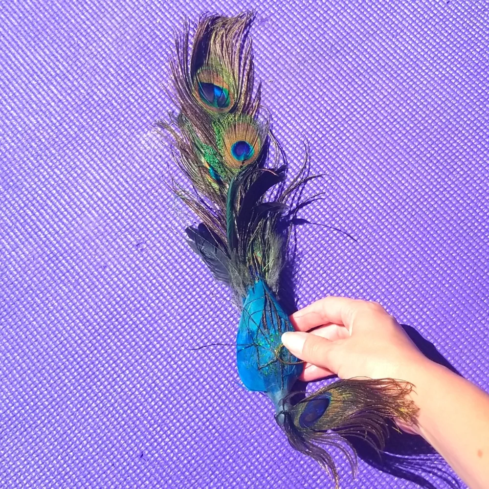 Peacock Figurine With Real Feathers Boho Glam Add On Gift Decor Boho Cottage New